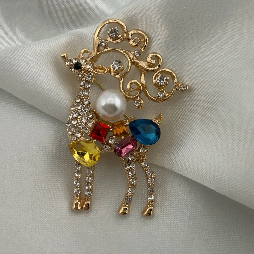 Betsey Johnson Elegant Gold Reindeer Brooch with Multicolor Gems
